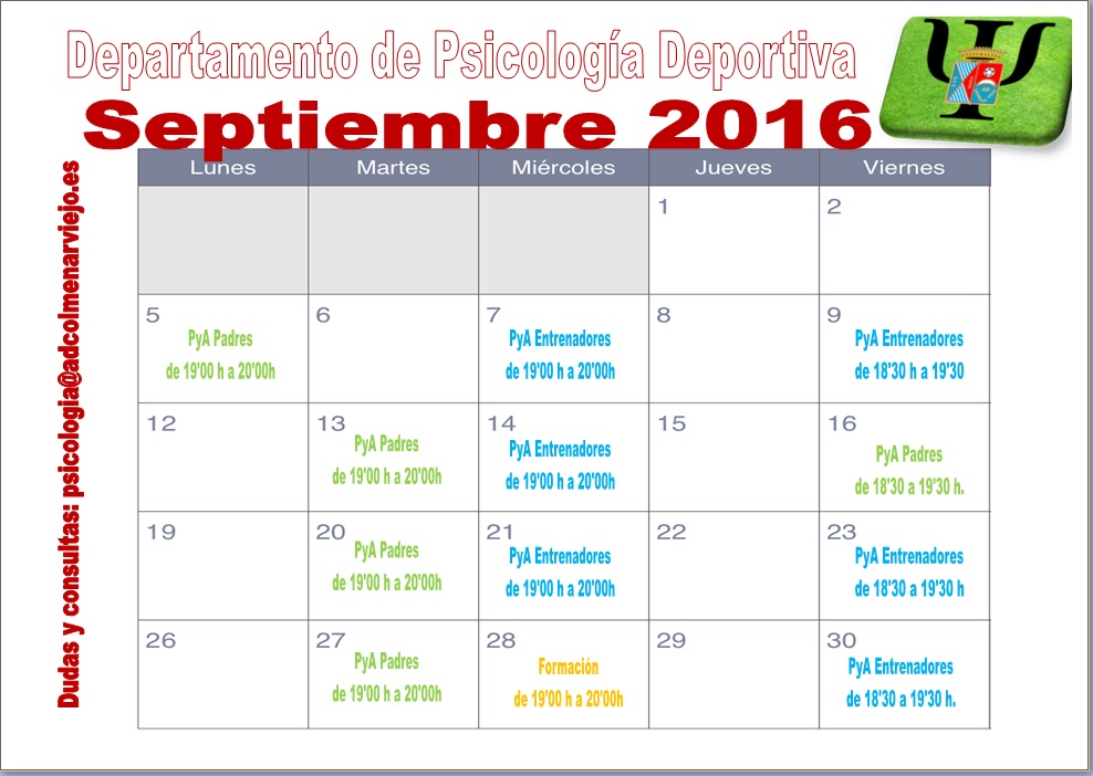 Calendario de actividades Septiembre 2016 del departamento de psicologia deportiva de la ADCV